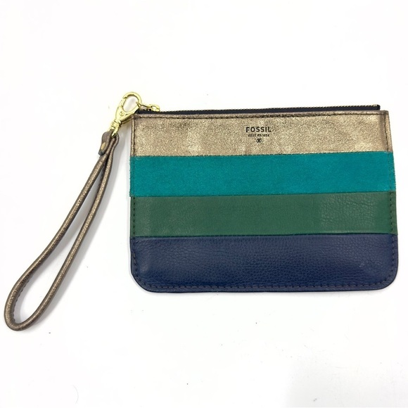 Fossil Leather Striped Wristlet Pouchette Wallet Bag Metallic Zip Pouch Clutch - Picture 1 of 8